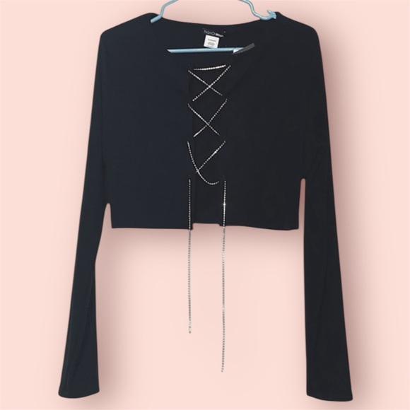 Fashion Nova Sweaters - FN Cropped Rhinestone Lace-Up Cardigan
